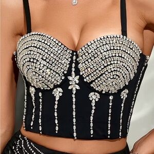 Black Rhinestone Embellished Bustier Top
